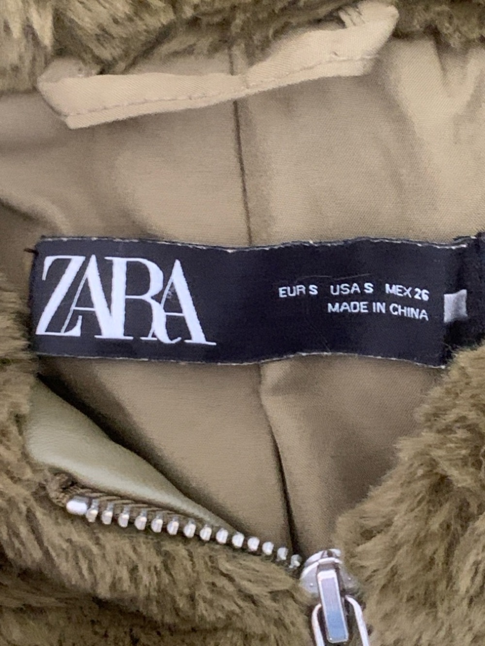 Zara Olive Green Faux Fur Plush Zip-Up Hoodie - Picture 2 of 9